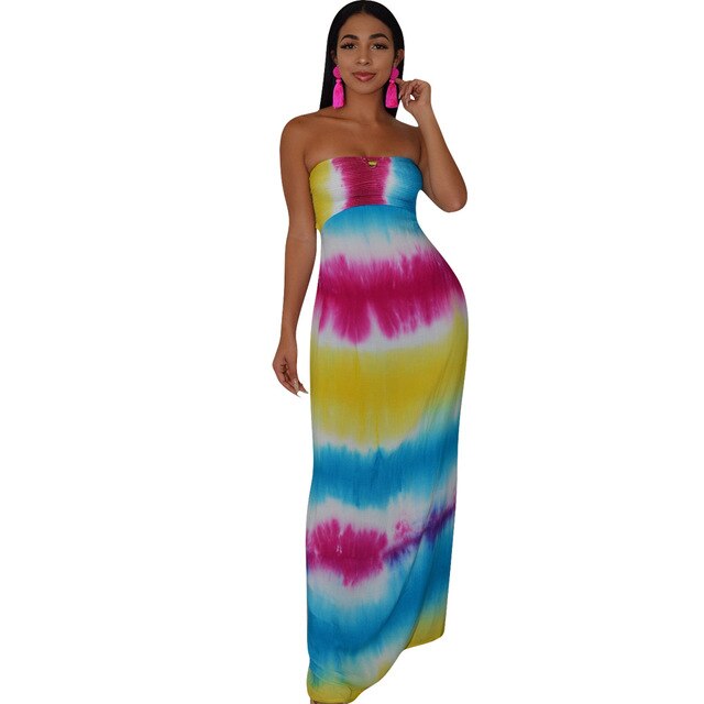 Women Summer Strapless Tie Dye Stripe Print Lace Up Hollow Out Back Maxi Dress Bohemian Elegant Long Beach Dresses Vestidos