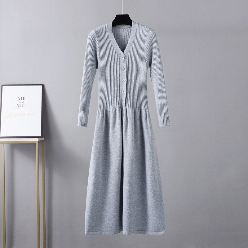 Winter Long Knit V Neck Women A Line Sweater Dress Single Breasted Pleated Dresses Christmas Party Holidays Dresses - The Grace