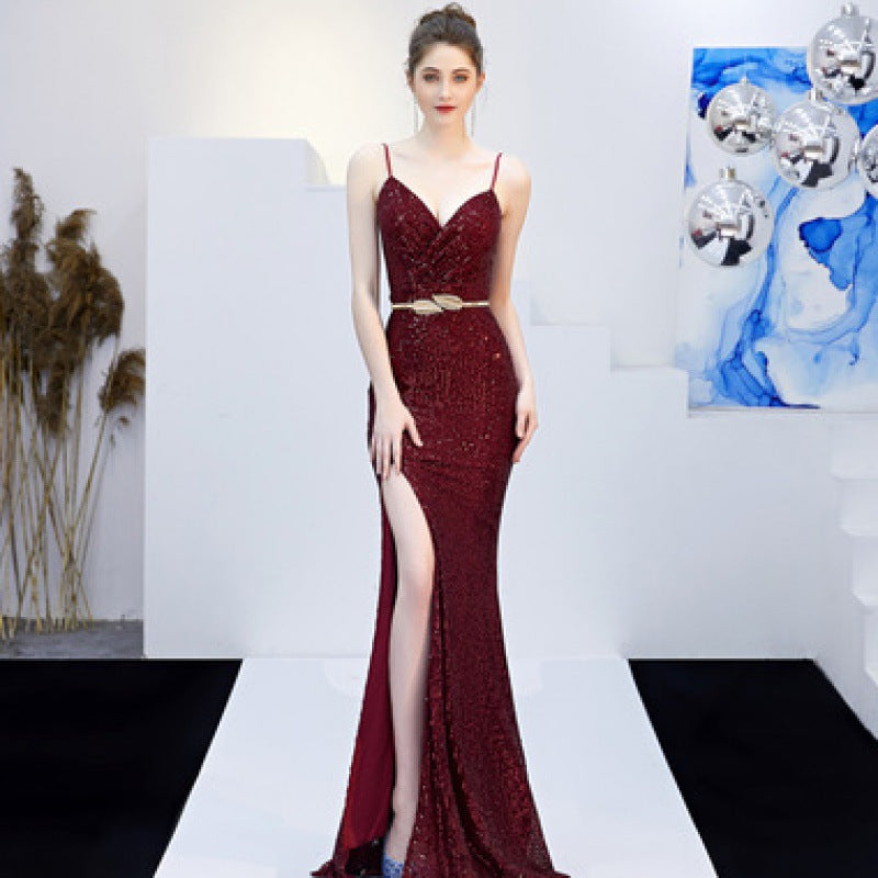 New Banquet Elegant Annual Meeting Long Host Deep V Sexy Fishtail Sequined Dress - The Grace