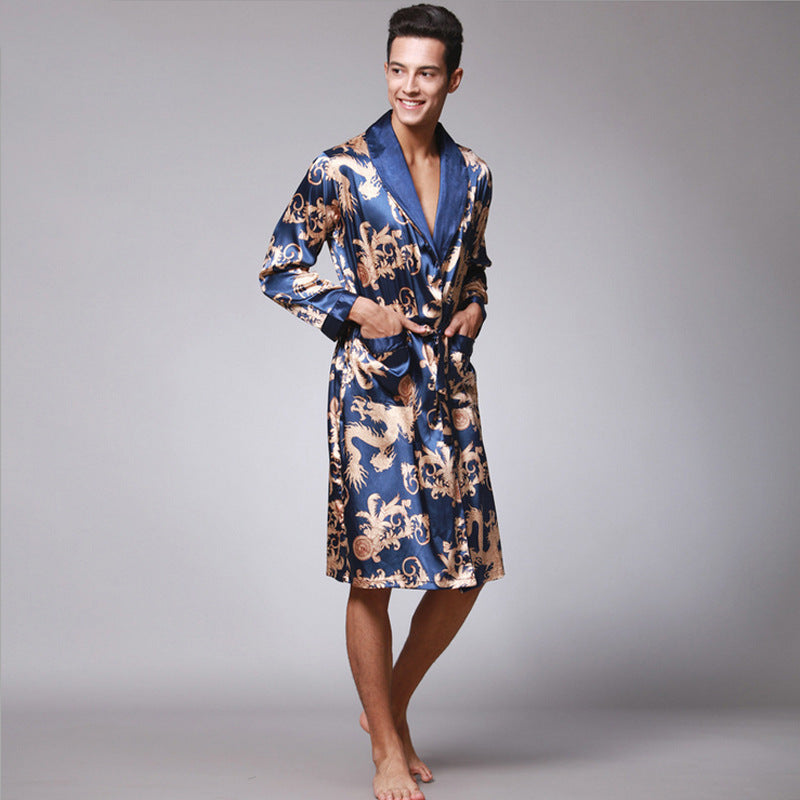 Nightgown Silk Ice Silk Men's Pajamas Men's Long Sleeve Nightgown Bathrobes