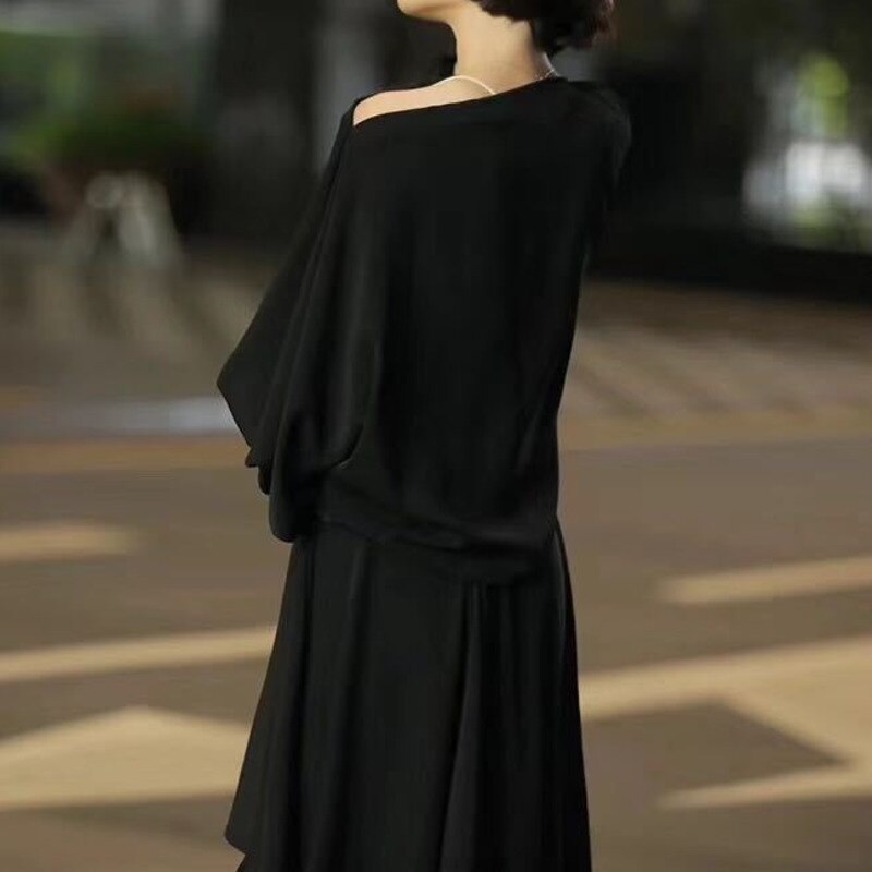 Woman Dress Lanter Sleeve Loose Asymmetrical Design Elegant Purple Solid Slash Neck Ruffled Dresses New Autumn