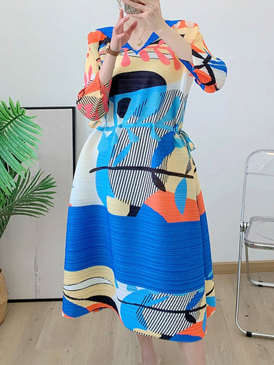 Pleated Dress For Women Fashion Printed Round Neck Long Sleeves Drawstring Dresses Female Clothing