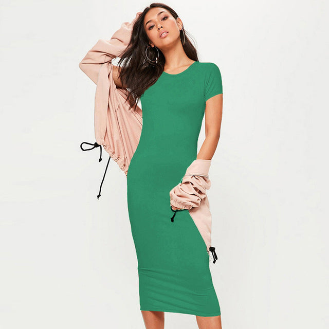 Women Summer Dress 2018 Short Sleeve O Neck Cotton Slim Bodycon Dresses Army Green Black Basic Casual Midi Dress