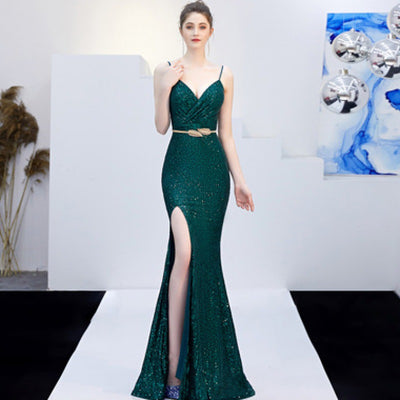 New Banquet Elegant Annual Meeting Long Host Deep V Sexy Fishtail Sequined Dress - The Grace