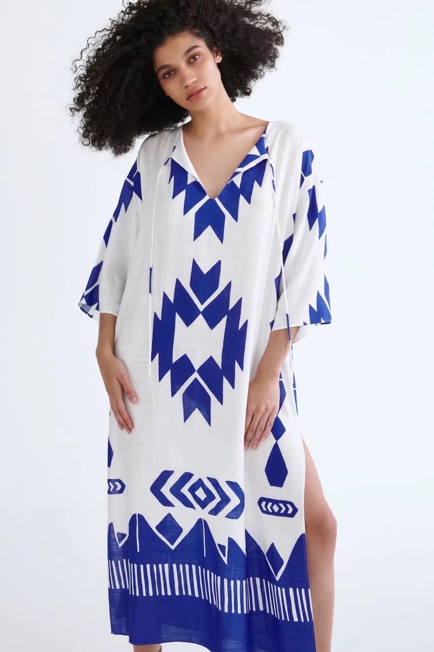 Printed Kaftans For Women Blue White Boho Long Dress Women Summer Dresses Woman Loose Casual Dresses