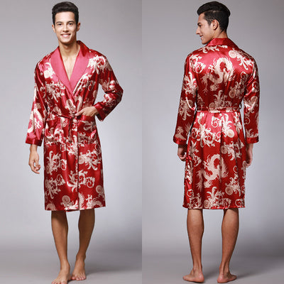 Nightgown Silk Ice Silk Men's Pajamas Men's Long Sleeve Nightgown Bathrobes