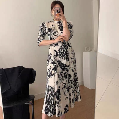 Women Designer Gray Printed Stand Collar Lantern Sleeve Maxi Dresses Lady Casual Party Backless Fashion Dresses Party New