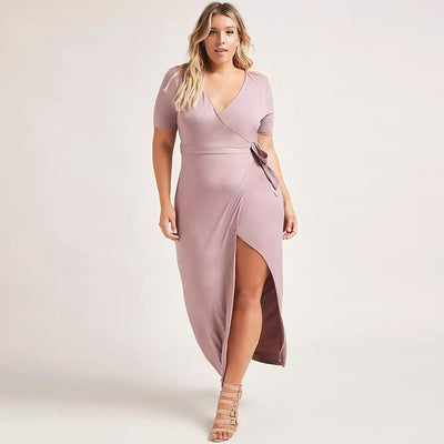 V-Neck Short-Sleeved Long Dress With Strappy Slit - The Grace