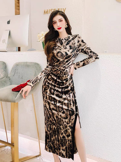 Designer Slimy Pencil Midi Dress Split Bodycon Leopard Velvet Sexy Buttons Brown Party Night Dresses For Women