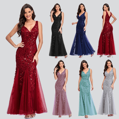 Long Dress Sleeveless V-neck Embroidered Sequin Slim Mermaid Dress - The Grace