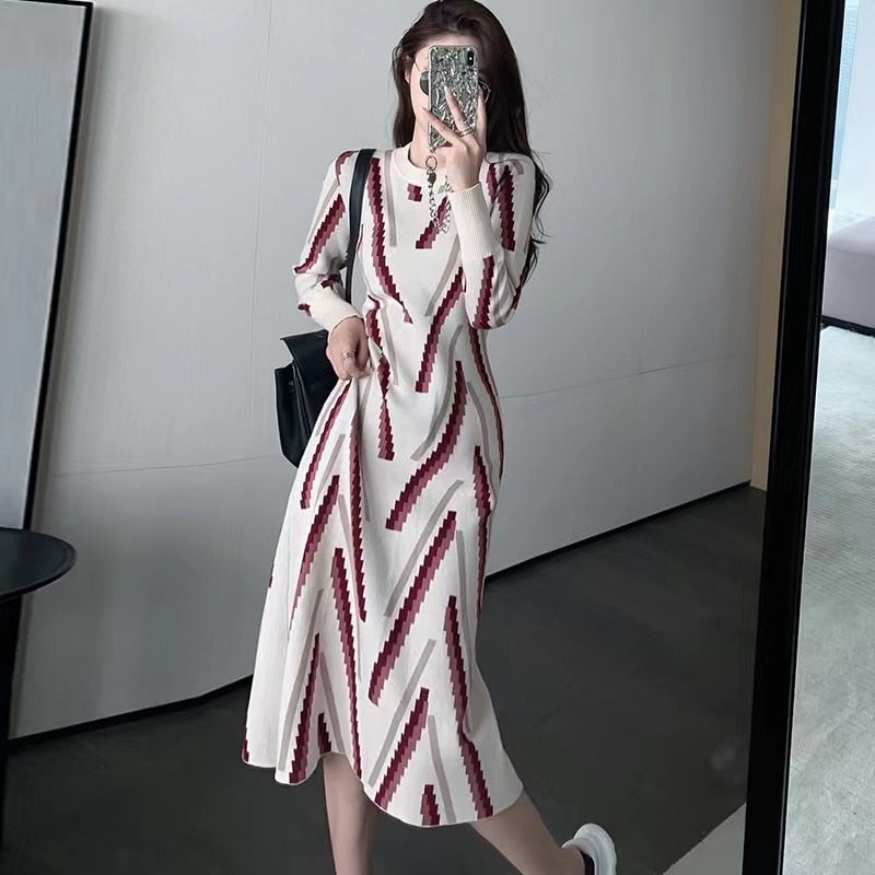 Women Autumn Winter Fashion Sweater Midi Dress Warm Knit Striped Long Thick Dresses