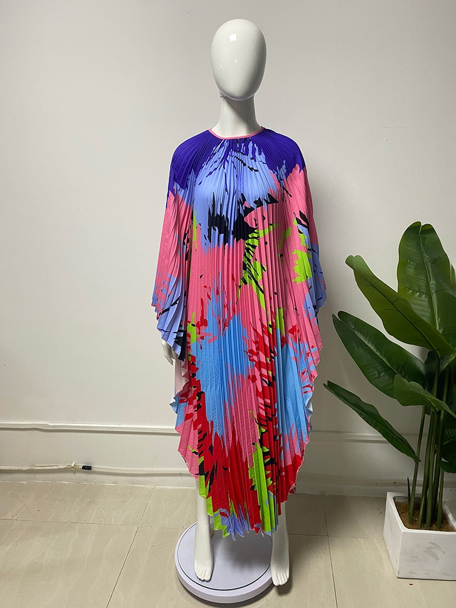 Miyake Pleated Dress Designer Printed Round Neck Batwing Sleeves High End Holiday Dresses for Women - The Grace