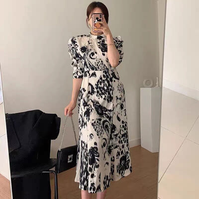 Women Designer Gray Printed Stand Collar Lantern Sleeve Maxi Dresses Lady Casual Party Backless Fashion Dresses Party New