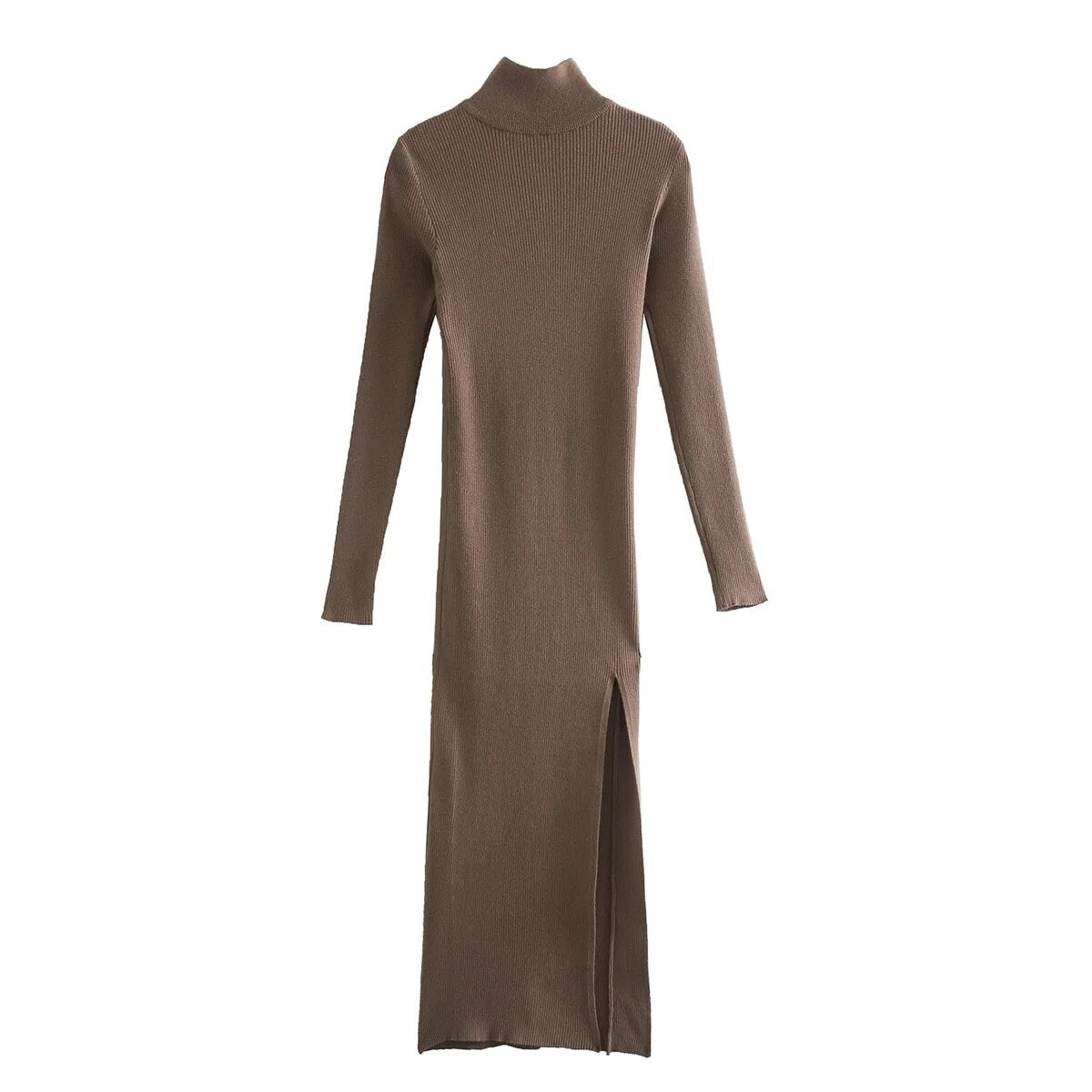 Dress Women Long Sleeves High-Neck Elastic Midi Dress Fashion Elegant Chic Lady Knit Sweater Dresses Women robe femme