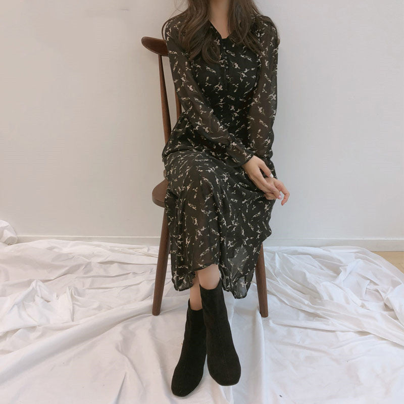 French Retro Mid-length Dress With Slim Waist And Floral Chiffon Long Sleeves - The Grace