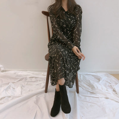 French Retro Mid-length Dress With Slim Waist And Floral Chiffon Long Sleeves - The Grace