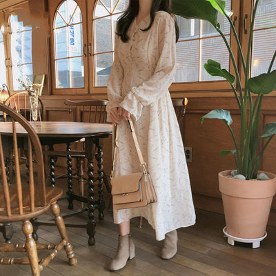 French Retro Mid-length Dress With Slim Waist And Floral Chiffon Long Sleeves - The Grace