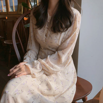 French Retro Mid-length Dress With Slim Waist And Floral Chiffon Long Sleeves - The Grace