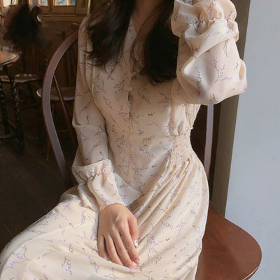 French Retro Mid-length Dress With Slim Waist And Floral Chiffon Long Sleeves - The Grace