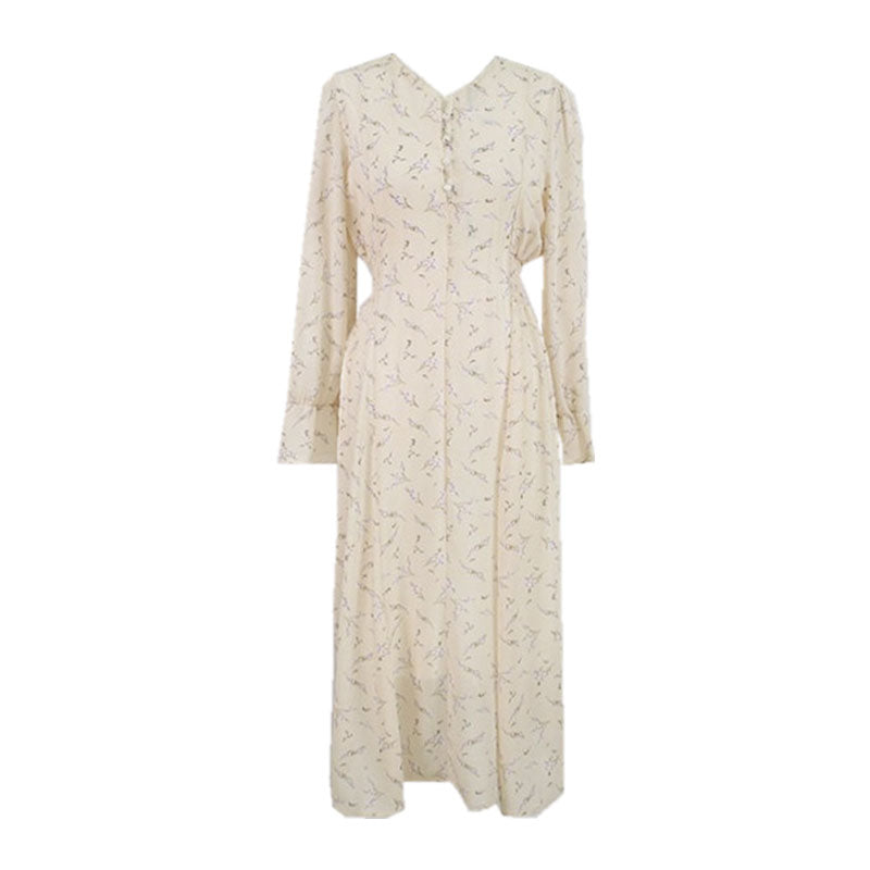 French Retro Mid-length Dress With Slim Waist And Floral Chiffon Long Sleeves - The Grace