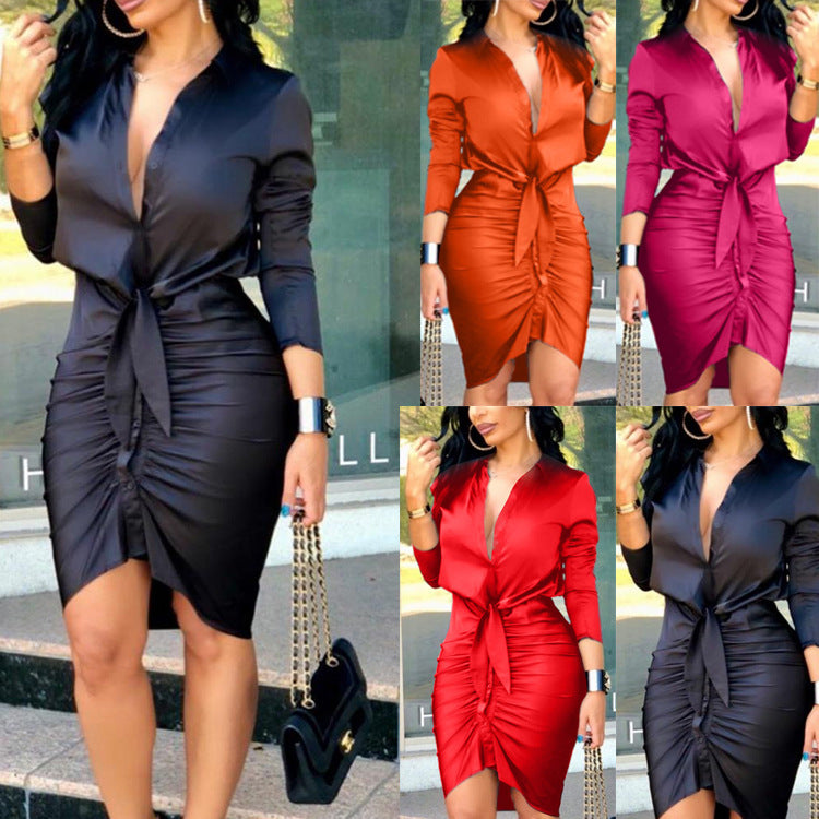 Women Lace-up Solid Color Long Sleeve Midi Dress Shirt Dress Elegant Fashion Party Dress - The Grace