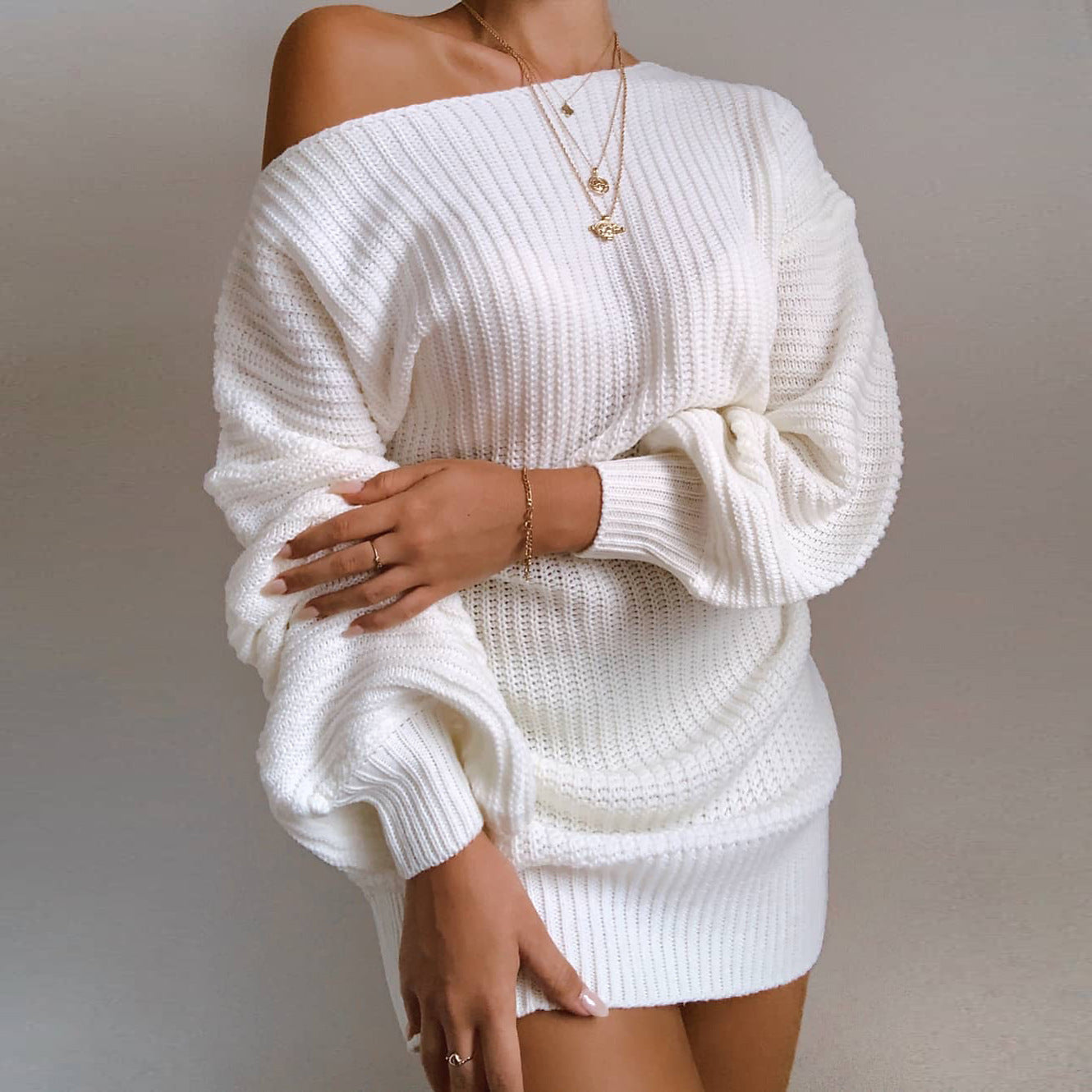 Women Off Shoulder Knitted Sweater Dress Autumn/Winter Loose Long Sleeve Solid Ladies Tunic Elegant Streetwear Dresses - The Grace