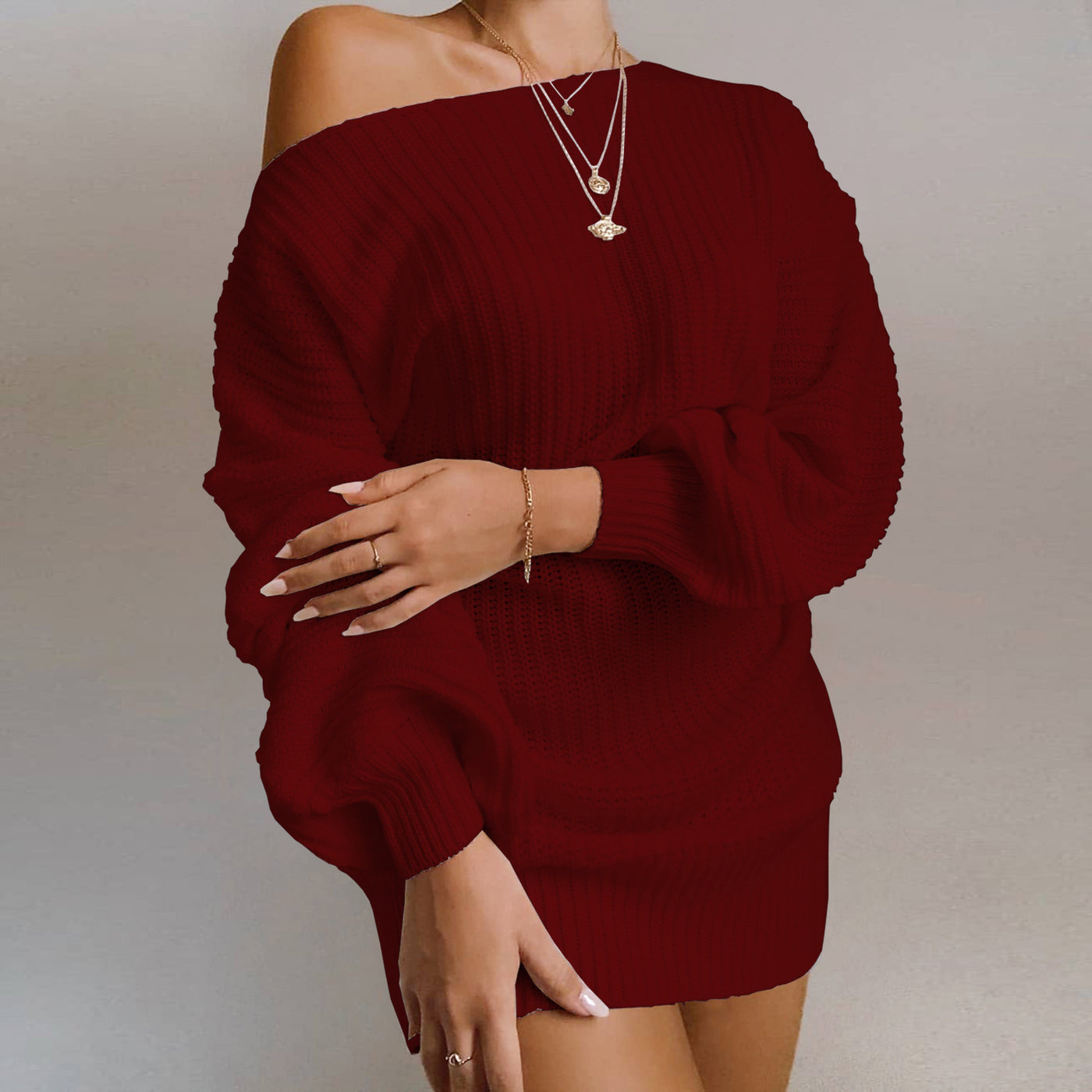 Women Off Shoulder Knitted Sweater Dress Autumn/Winter Loose Long Sleeve Solid Ladies Tunic Elegant Streetwear Dresses - The Grace