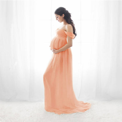 Chiffon Maternity Strapless Solid White Dresses For Photo Shoot - The Grace