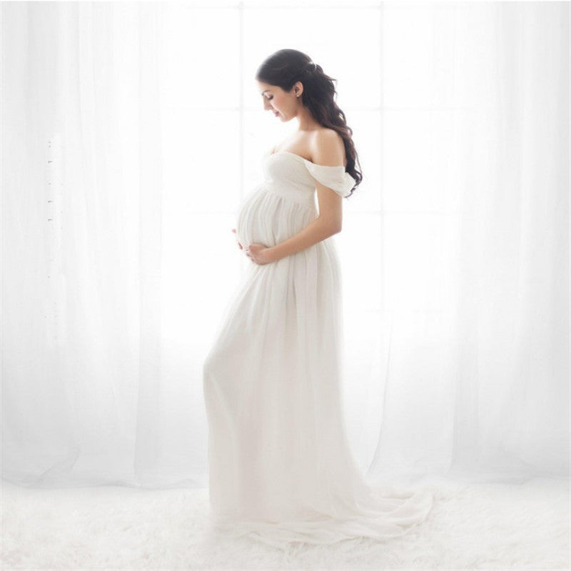 Chiffon Maternity Strapless Solid White Dresses For Photo Shoot - The Grace