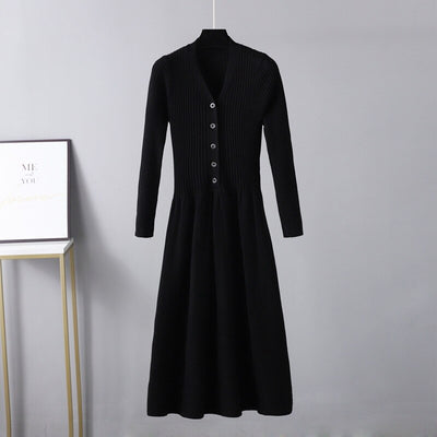 Winter Long Knit V Neck Women A Line Sweater Dress Single Breasted Pleated Dresses Christmas Party Holidays Dresses - The Grace