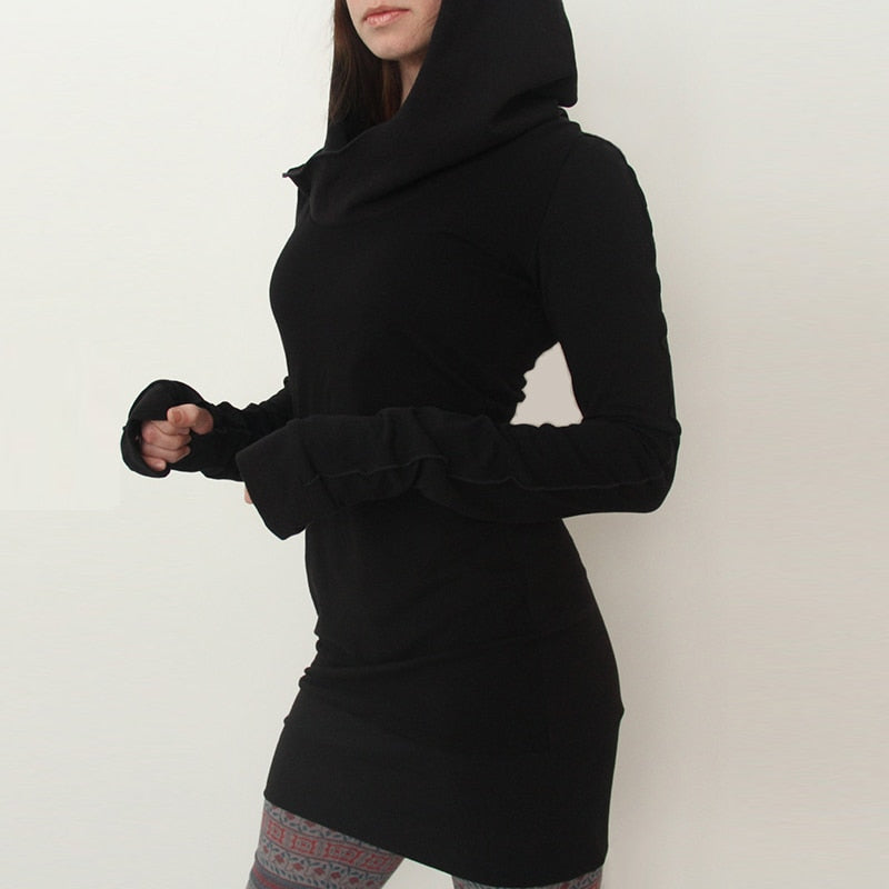 Black Novelty Hoodies Dress Women Autumn Winter Gothic Dresses Hole Long Sleeve Loose Hoodies Mini Dress - The Grace