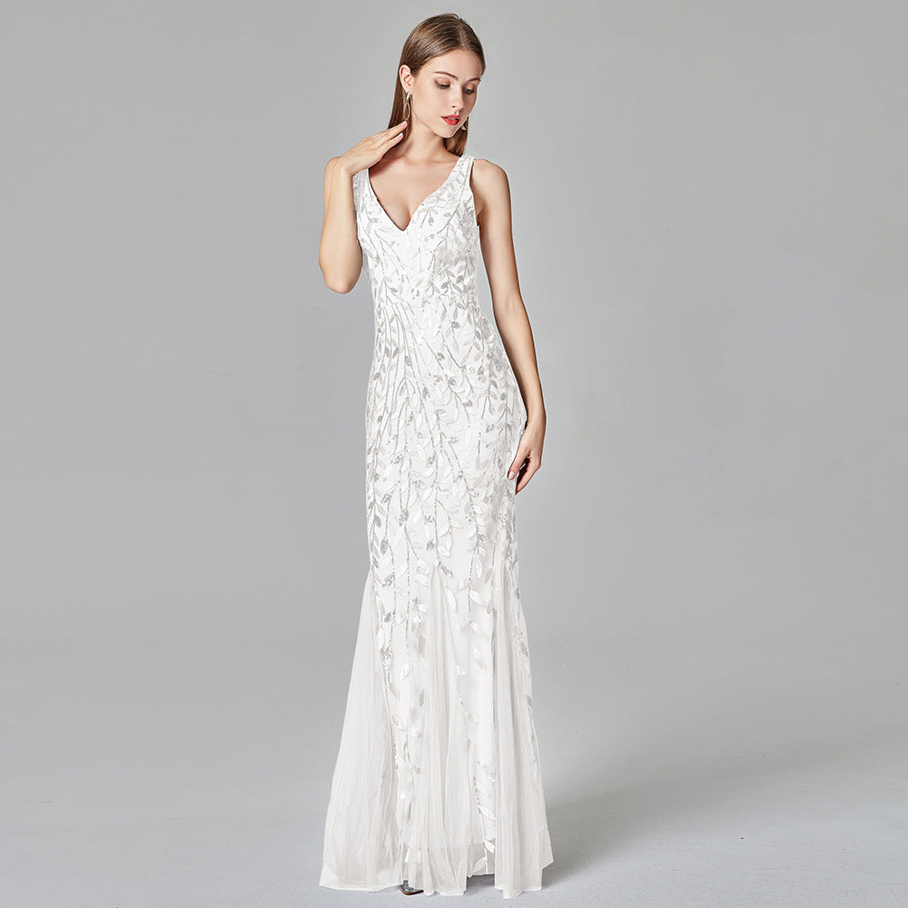 Long Dress Sleeveless V-neck Embroidered Sequin Slim Mermaid Dress - The Grace