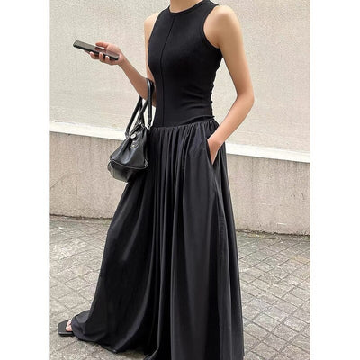 Summer Minimalist Style Women Sleevless Knit Patchwork Casual Long Dress