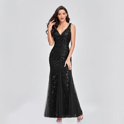 Long Dress Sleeveless V-neck Embroidered Sequin Slim Mermaid Dress - The Grace