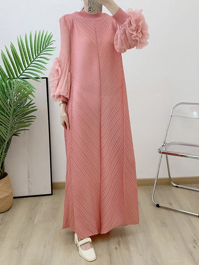 Pleated Dress Round Neck Spliced Fungus Full Sleeve Dresses for Women New Spring Clothing