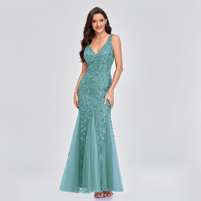 Long Dress Sleeveless V-neck Embroidered Sequin Slim Mermaid Dress - The Grace