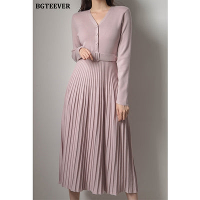 BGTEEVER Elegant V-neck Single-breasted Women Thicken Sweater Dress Autumn Winter Knitted Belted Female A-line soft dresses