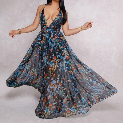 Women Dresses Summer Sexy Maxi Boho Style Print Party Dress Deep V Neck Backless Long Dress