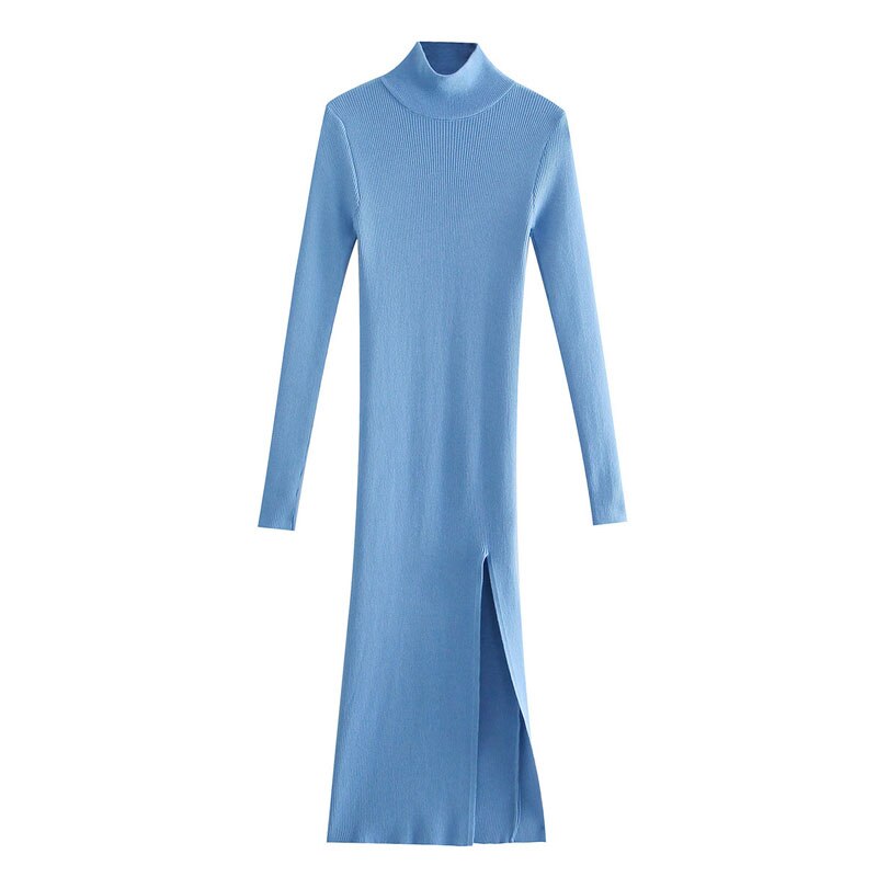 Dress Women Long Sleeves High-Neck Elastic Midi Dress Fashion Elegant Chic Lady Knit Sweater Dresses Women robe femme