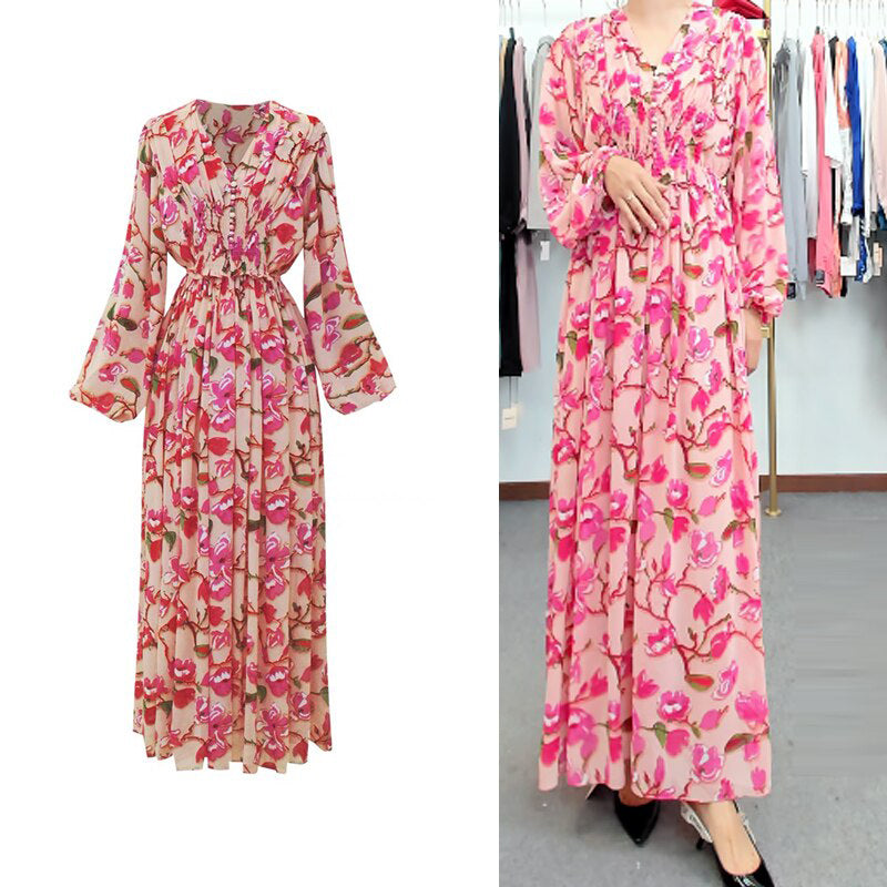 Single Breasted V-Neck Full Sleeve Women Flower Printed Elastic Wait Spring Autumn Casual Loose Dresses Fashion