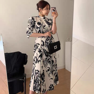 Women Designer Gray Printed Stand Collar Lantern Sleeve Maxi Dresses Lady Casual Party Backless Fashion Dresses Party New