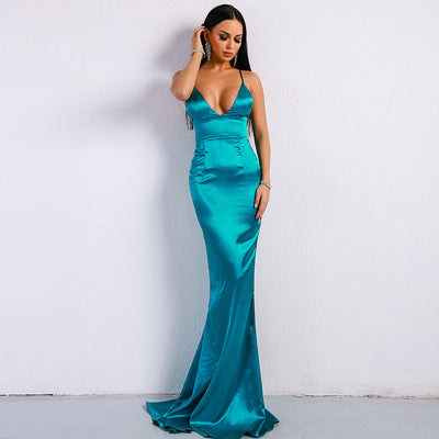 V-neck solid color sling backless ladies evening dress - The Grace