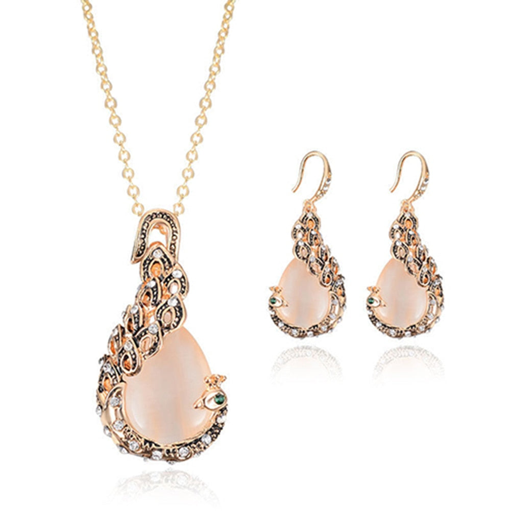 Women Elegant Waterdrop Rhinestone Pendant Necklace Hook Earrings Jewelry Set