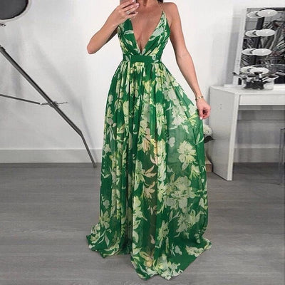 Women Dresses Summer Sexy Maxi Boho Style Print Party Dress Deep V Neck Backless Long Dress