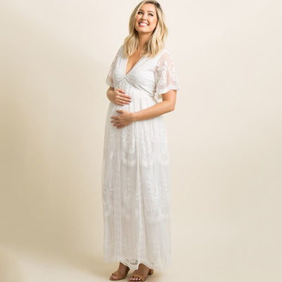 Maternity Dresses for Photo Shoot Summer V Neck White Lace Short Sleeve Pregnancy Dress Pregnant Women Photography Maxi Dress - The Grace