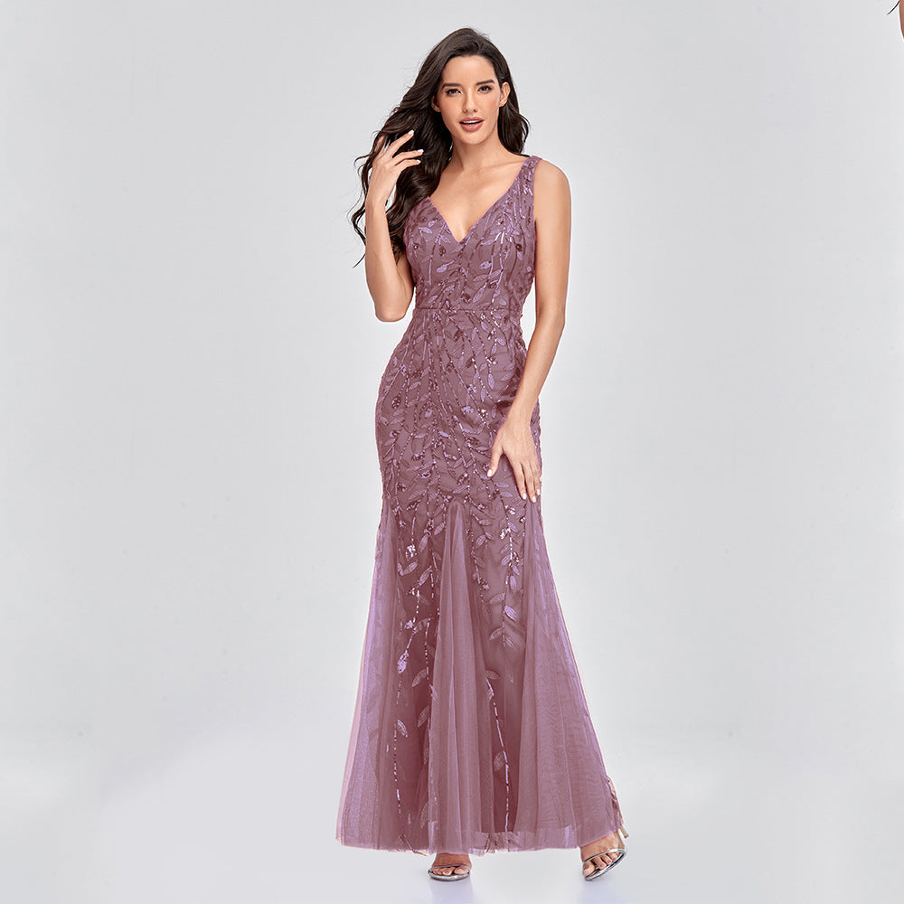 Long Dress Sleeveless V-neck Embroidered Sequin Slim Mermaid Dress - The Grace