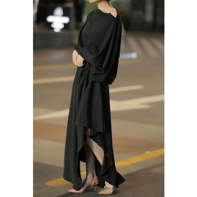 Woman Dress Lanter Sleeve Loose Asymmetrical Design Elegant Purple Solid Slash Neck Ruffled Dresses New Autumn