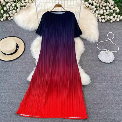 Gradient Dress Women O-Neck Short Sleeve Loose Casual Folds New Fashion Korean Fashion Traf Midi Dresses