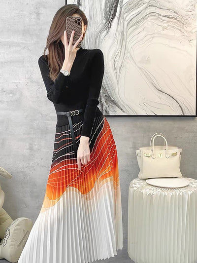 Runway Designer Patchwork Knitting Black Orange Pleated Midi Dresses For Women Backless Elegant Winter Dresses - The Grace