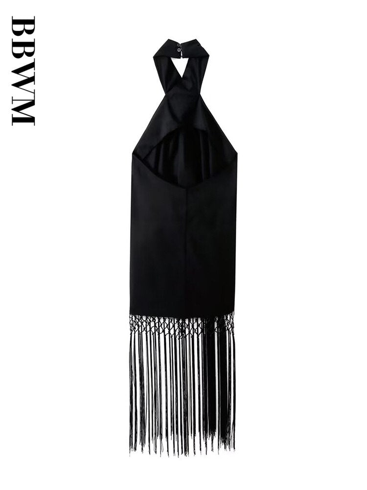 Tassels Halter Dress Women Black Vintage Backless Midi Dress Woman Sexy Off Shoulder Dresses 2023 Summer New Chic Female Dress